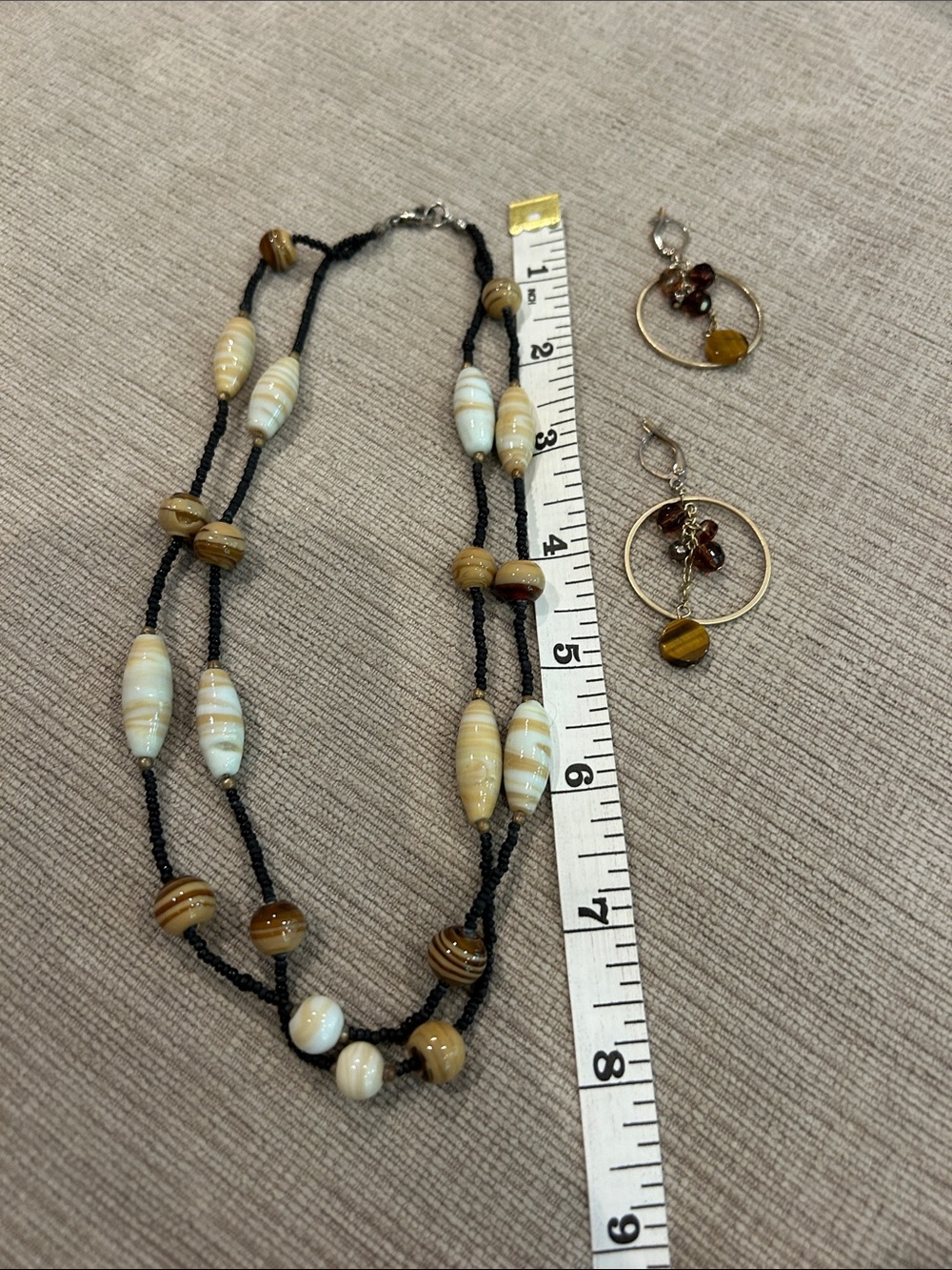 Handmade Cream & Brown Beaded Necklace with loop Earrings with tiger eye stone image 5